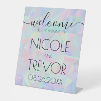 Custom Iridescent Geometric Welcome Wedding Pedestal Sign