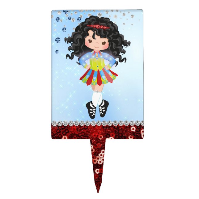 Custom Irish Dance Black Hair Girl Blue, Red Cake Topper (Front)