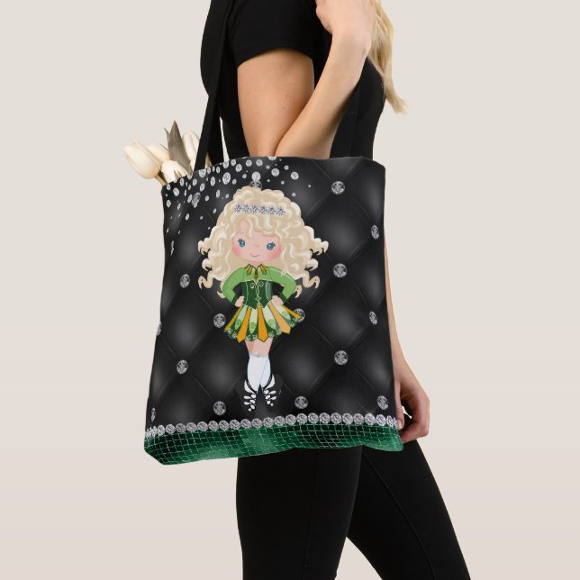 Custom Irish Dance Blond Girl Green, Black Tote Bag (Close Up)