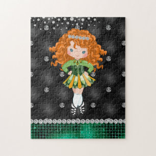 Custom Irish Dance Redhead Girl Green, Black Jigsaw Puzzle