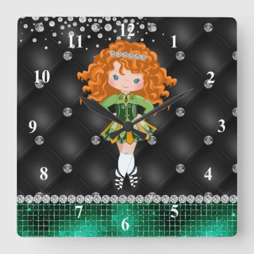 Custom Irish Dance Redhead Girl Green Black Square Wall Clock