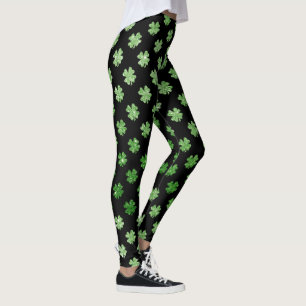 Custom Irish Green Glitter Shamrock Pattern Black Leggings