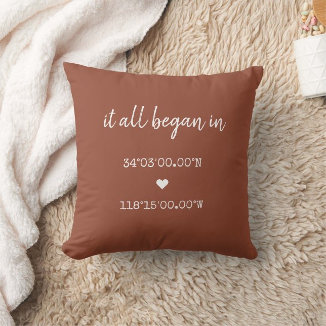 Custom It All Began Coordinates Brick Valentines Throw Pillow (Blanket)