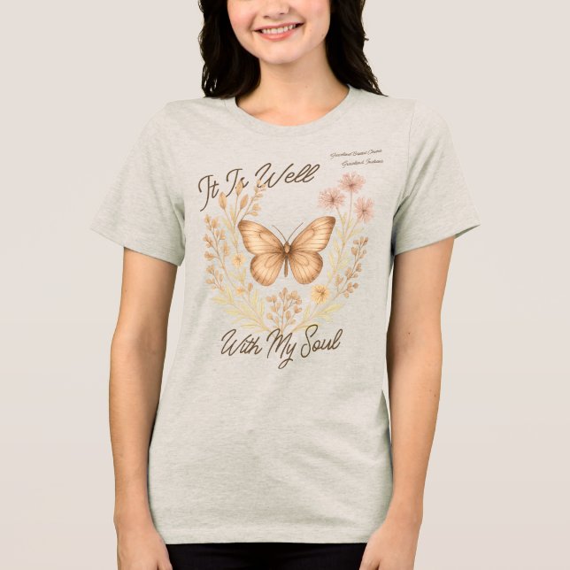 Custom "It Is Well With My Soul" Boho Butterfly Tri-Blend Shirt (Front)