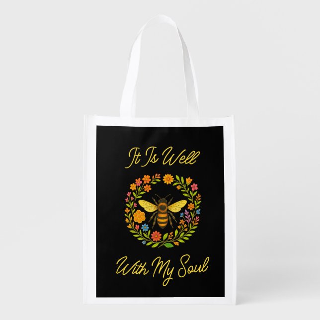 Custom "It Is Well With My Soul" Boho Honeybee Grocery Bag (Front)