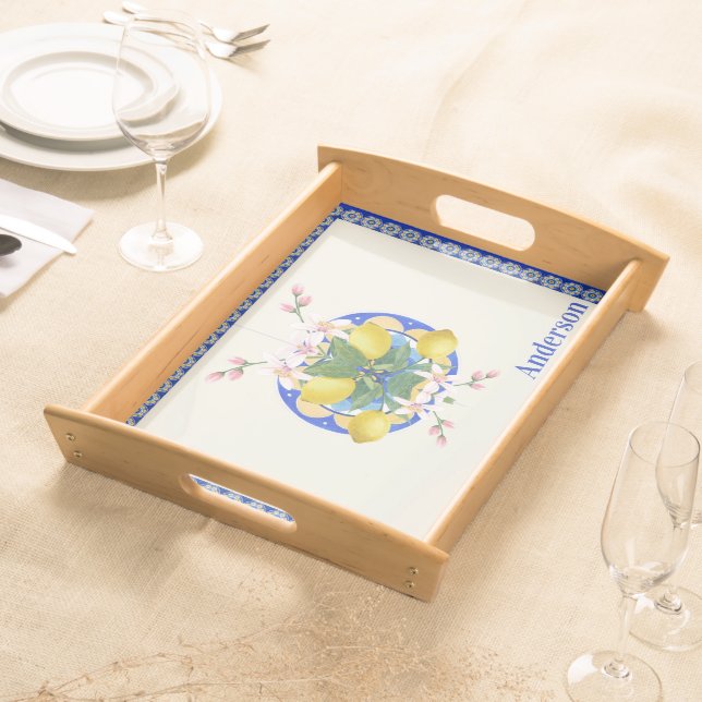 Custom Italian Tile Lemon Family Beach House Serving Tray (Front)
