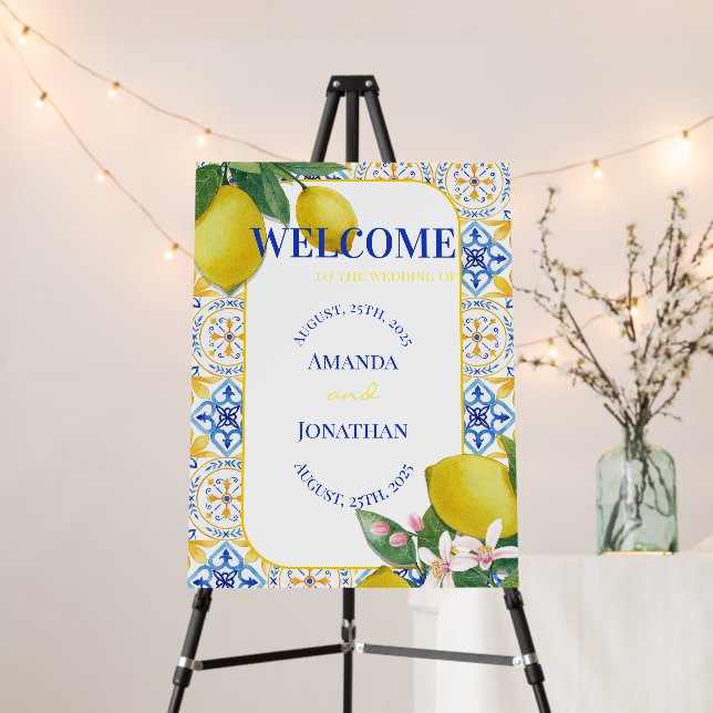 Custom Italian Tile Lemon Wedding Welcome Sign (In Situ (Stand))