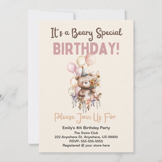 Custom it's a Beary Special Birthday Invitation  (Front)