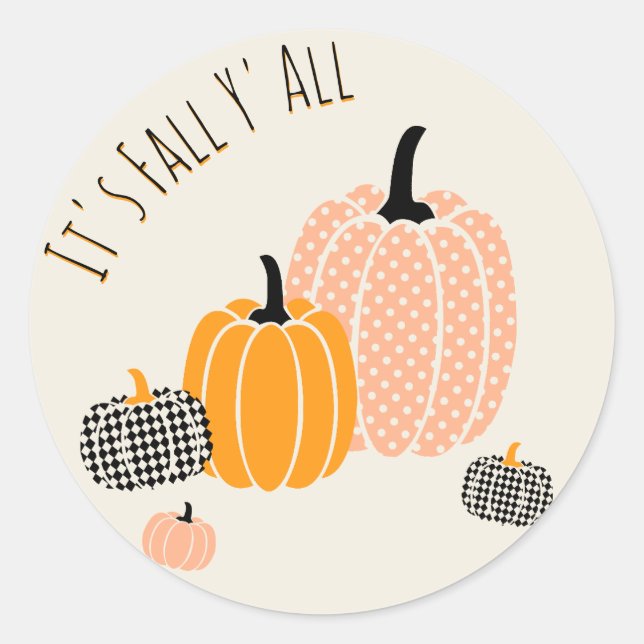 Custom It's Fall Y'All Pumpkin Checkered Dots  Classic Round Sticker (Front)