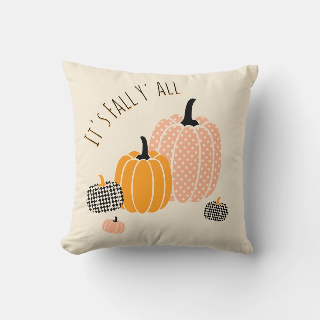 Custom It's Fall Y'All Pumpkin Checkered Dots  Throw Pillow (Front)