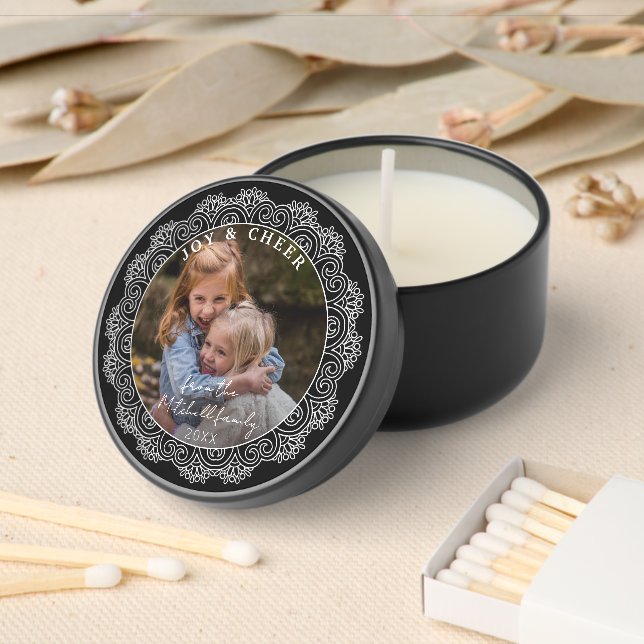 Custom Ivory White Mandala Wreath On Black Mini Candle Favors (Insitu)