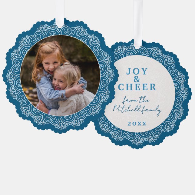 Custom Ivory White Mandala Wreath On Blue Ornament Card (Front/Back)