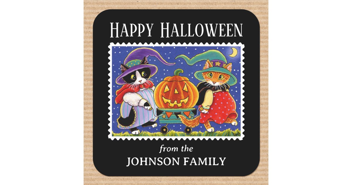 Custom Jack O'Lantern Halloween Witch Cat Square Sticker | Zazzle