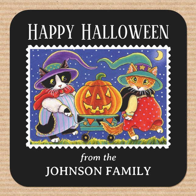 Custom Jack O'Lantern Halloween Witch Cat Square Sticker (Creator Uploaded)