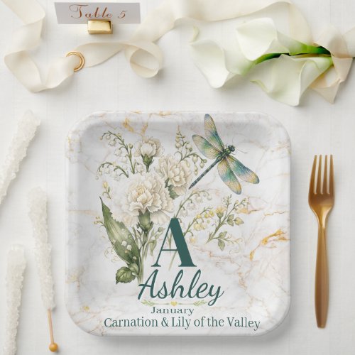 Custom January Birth Flower Monogram Tote Bag Paper Plates