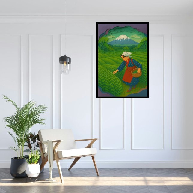 Custom Japan Travel Landscape Aesthetic Mt.Fuji  Canvas Print (Tea field and Mt. Fuji in Shizuoka, japan.  Paper cutting style art.)