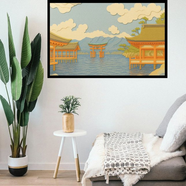 Custom Japan Travel Landscape Aesthetic Shrine  Canvas Print (Itsukushima shrine in Hiroshima Japan. Paper cutting style art.)