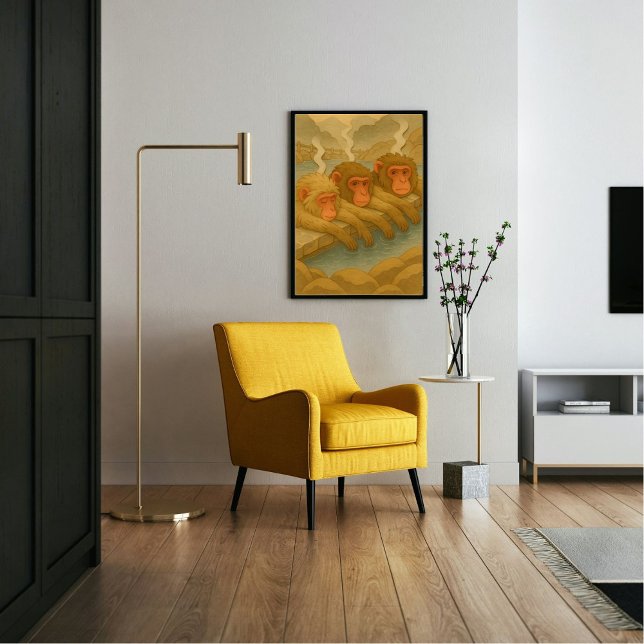 Custom Japan Travel Landscape Whimsical Monkey Canvas Print ( Soaking monkeys in Nagano Japan. Paper cutting style art.)