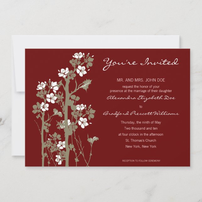 Custom Japanese Floral Wedding Invitation :: red (Front)