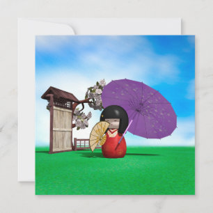 Custom Japanese Kokeshi Doll Cherry Blossom Art Holiday Card