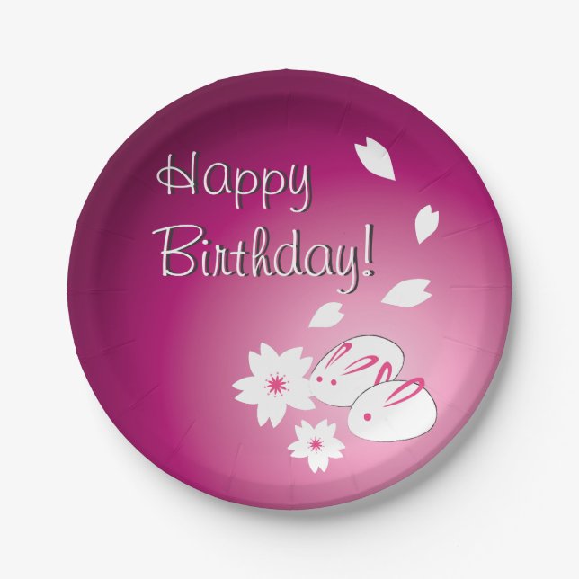 Custom Japanese Snow Rabbits & Sakura Birthday Paper Plates (Front)