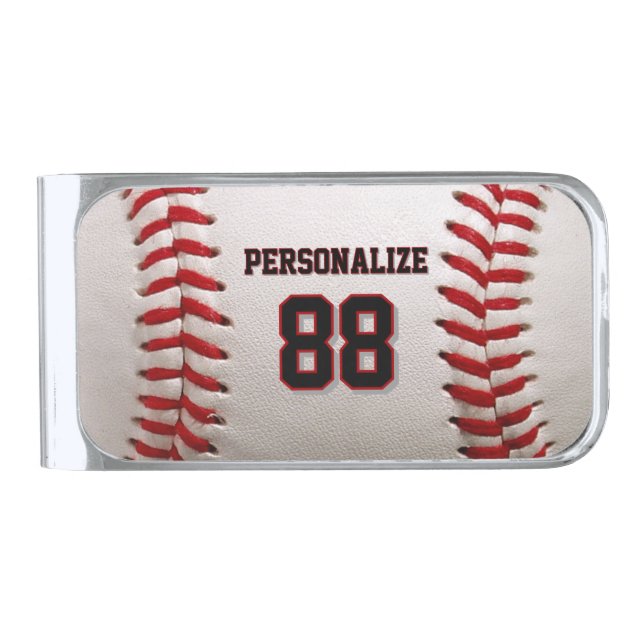 Custom Jersey Number & Name Baseball Player Design Silver Finish Money Clip (Front)