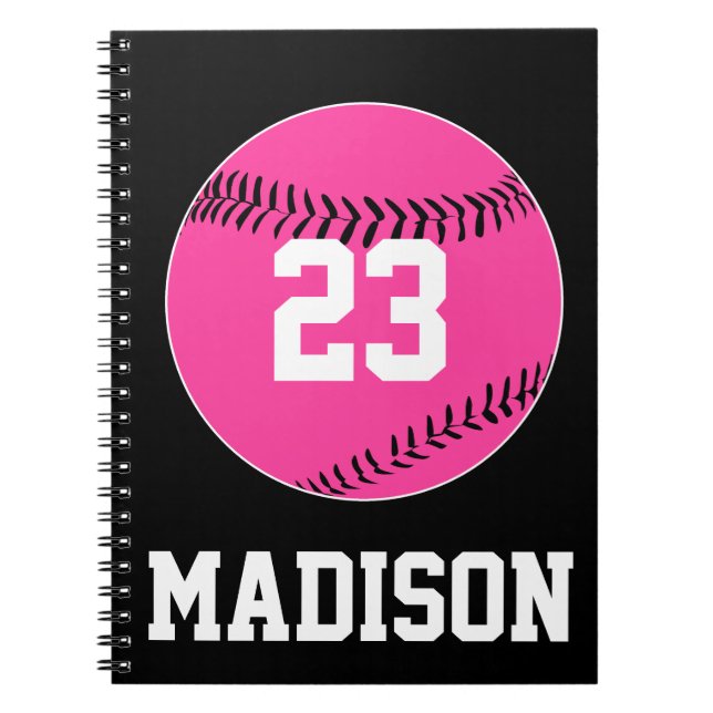 Custom Jersey Number Pink Softball Player Sports Notebook (Front)