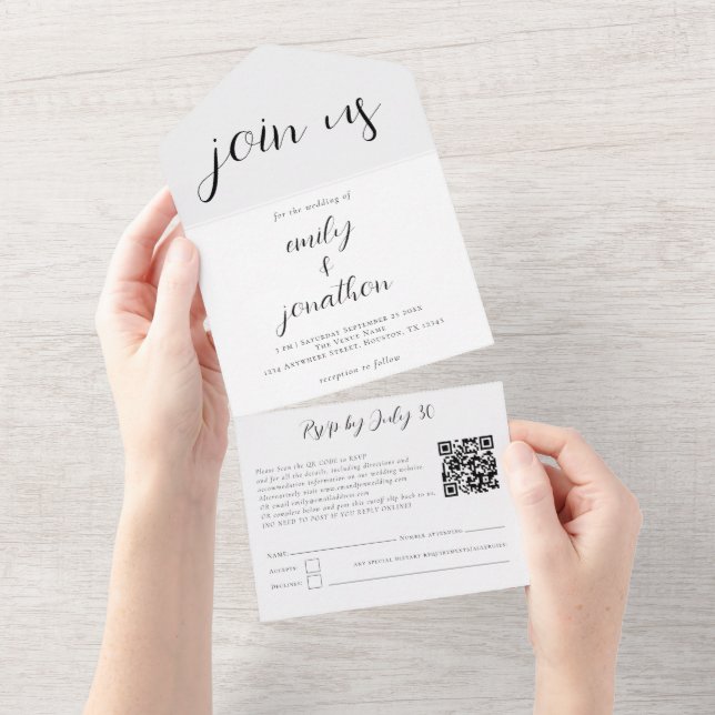 Custom Join Us QR Code Modern Script Black White All In One Invitation (Tearaway)