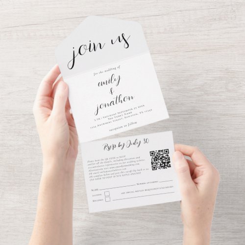 Custom Join Us QR Code Modern Script Black White All In One Invitation