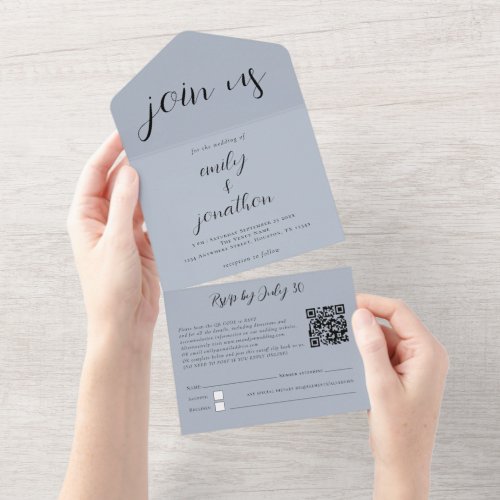 Custom Join Us QR Code Modern Script Dusty Blue Al All In One Invitation