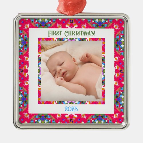 Custom Jolly Happy First Christmas Photo Frame Metal Ornament