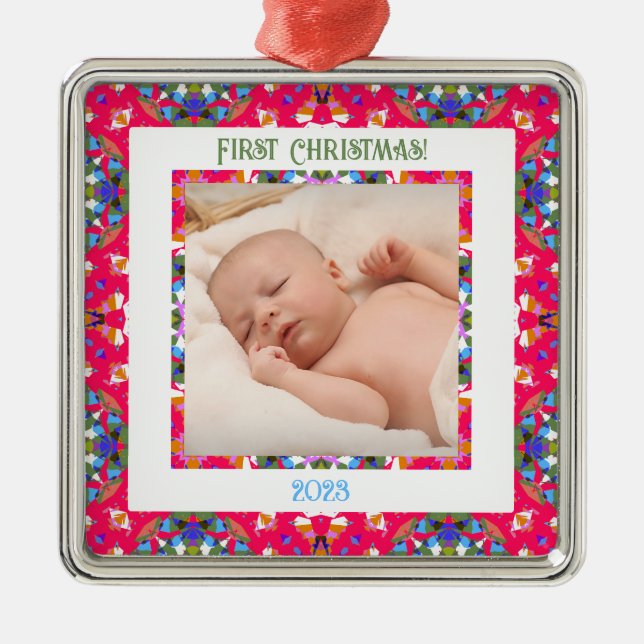 Custom Jolly Happy First Christmas Photo Frame Metal Ornament (Front)