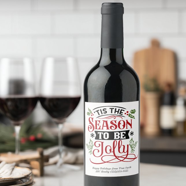 Custom Jolly Holiday Customer Christmas Wine Label (Personalized Christmas Wine Label for Customer Gifts)