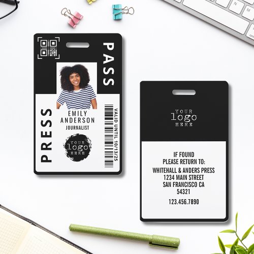 Custom Journalist Press Pass Photo ID Logo  Black Badge