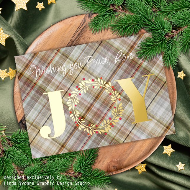 Custom Joy Peace Love Red Holly Berries Foliage Foil Holiday Card (Creator Uploaded)