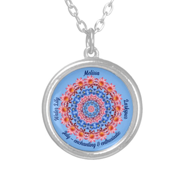 Custom July Birth Month Flower Pink Water Lily Silver Plated Necklace (Front)