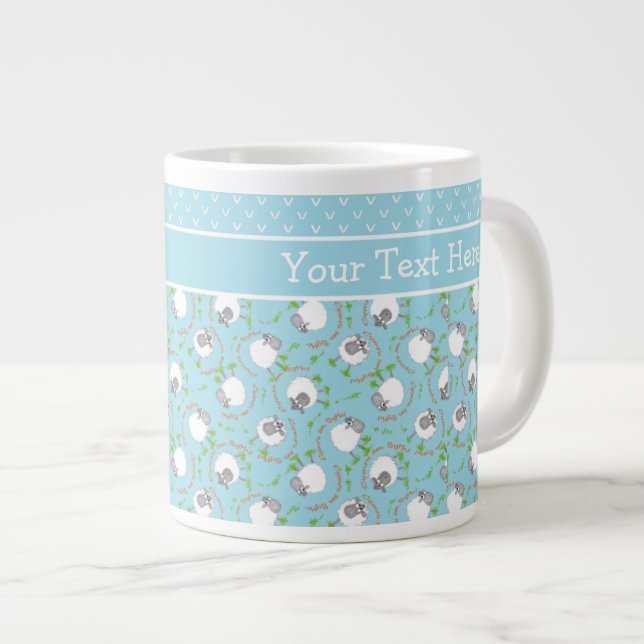 Custom Jumbo Coffee Mug: Blue, Fun Sheep Patterns Giant Coffee Mug (Front Right)