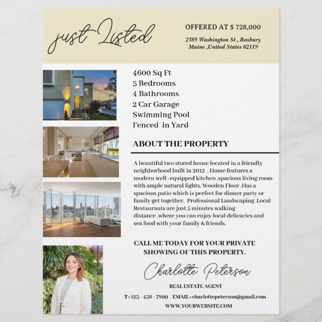 Custom Just Listed Real Estate Agent Flyer (Front)