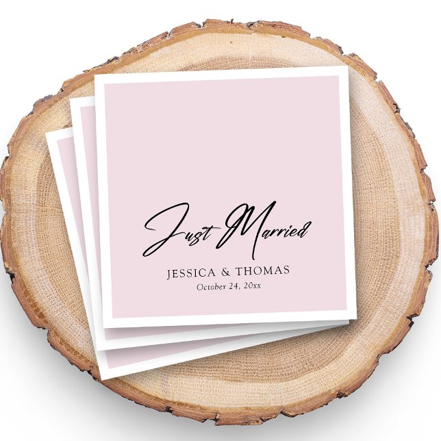 Custom Just Married hand lettered on blush wedding Napkins (Personalized Just Married napkins with the couple's names and wedding date.)