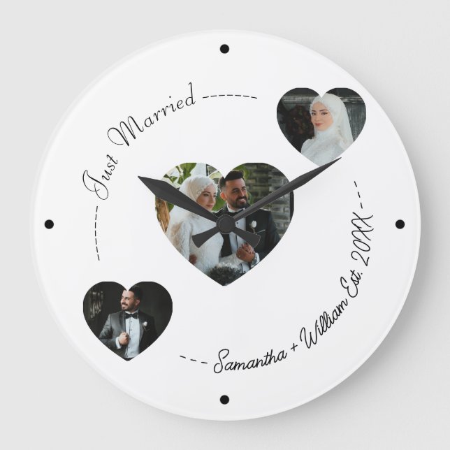 Custom Just Married Heart Photo Wedding Wall Clock (Front)