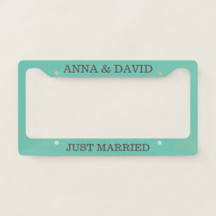 Custom Just Married on Teal Background. License Plate Frame