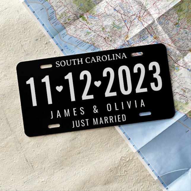 Custom Just Married Wedding Date on Elegant Black License Plate (In Situ)
