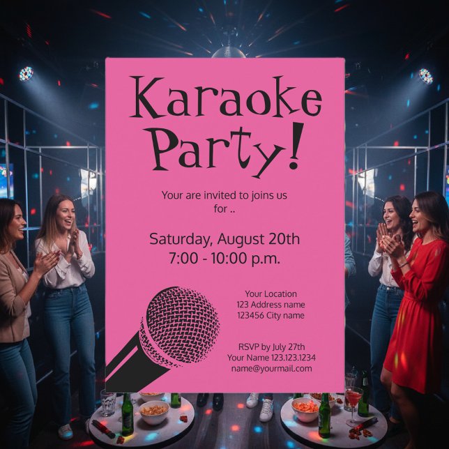 Custom karaoke party invitations with microphone (karaoke party invitation template)