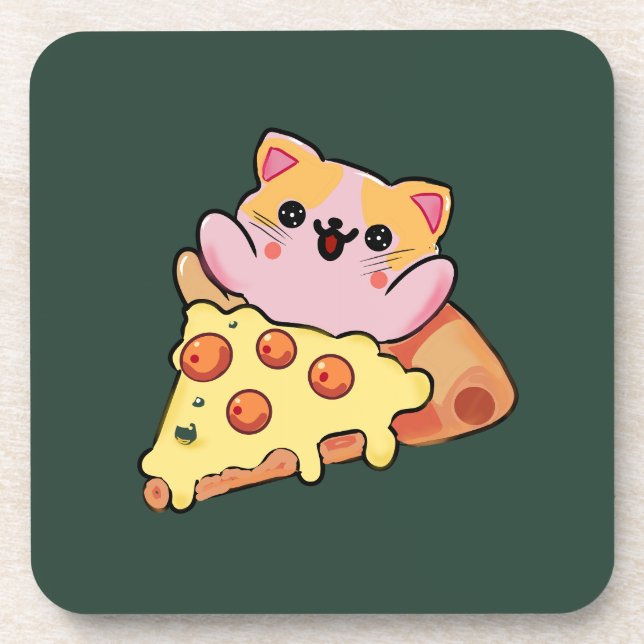 Custom Kawaii Cat Hugging Pepperoni Pizza Cartoon Beverage Coaster (Front)