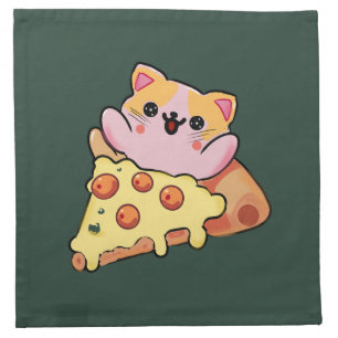 Custom Kawaii Cat Hugging Pepperoni Pizza Cartoon Cloth Napkin