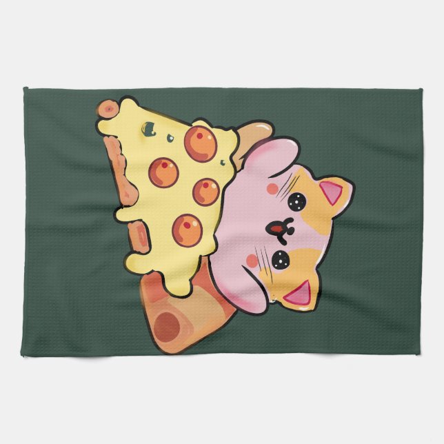 Custom Kawaii Cat Hugging Pepperoni Pizza Cartoon Kitchen Towel (Horizontal)