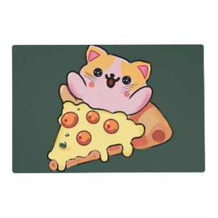 Custom Kawaii Cat Hugging Pepperoni Pizza Cartoon Placemat
