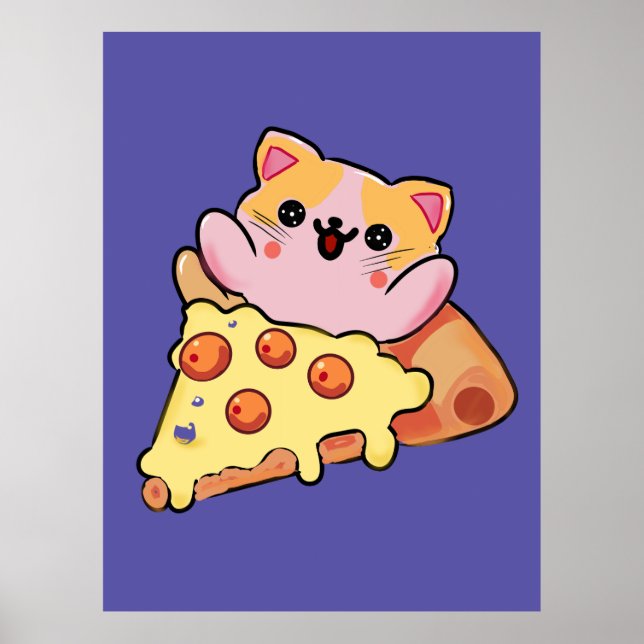 Custom Kawaii Cat Hugging Pepperoni Pizza Cartoon Poster (Front)