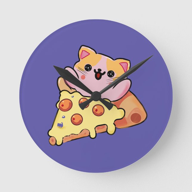 Custom Kawaii Cat Hugging Pepperoni Pizza Cartoon Round Clock (Front)