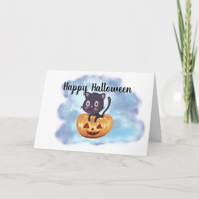 Custom Kawaii Halloween Black Cat Pumpkin Holiday Card (Front)
